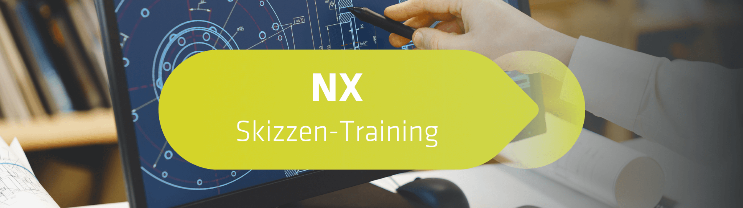 Beitragsbild des NX-Skizzen-Trainings der invenio Academy. Eine Hand zeigt auf einen Bildschirm mit einer CAD-Skizze.