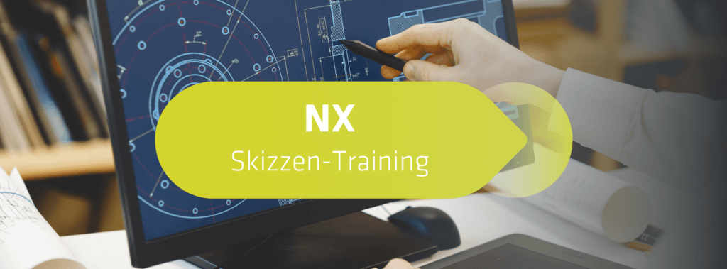 Beitragsbild des NX-Skizzen-Trainings der invenio Academy. Eine Hand zeigt auf einen Bildschirm mit einer CAD-Skizze.